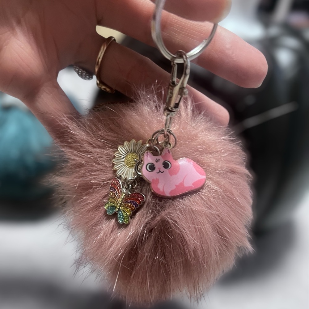 New Pom Pom puff key chain / purse charm. Pink kitty cat,  sunflower & butterfly